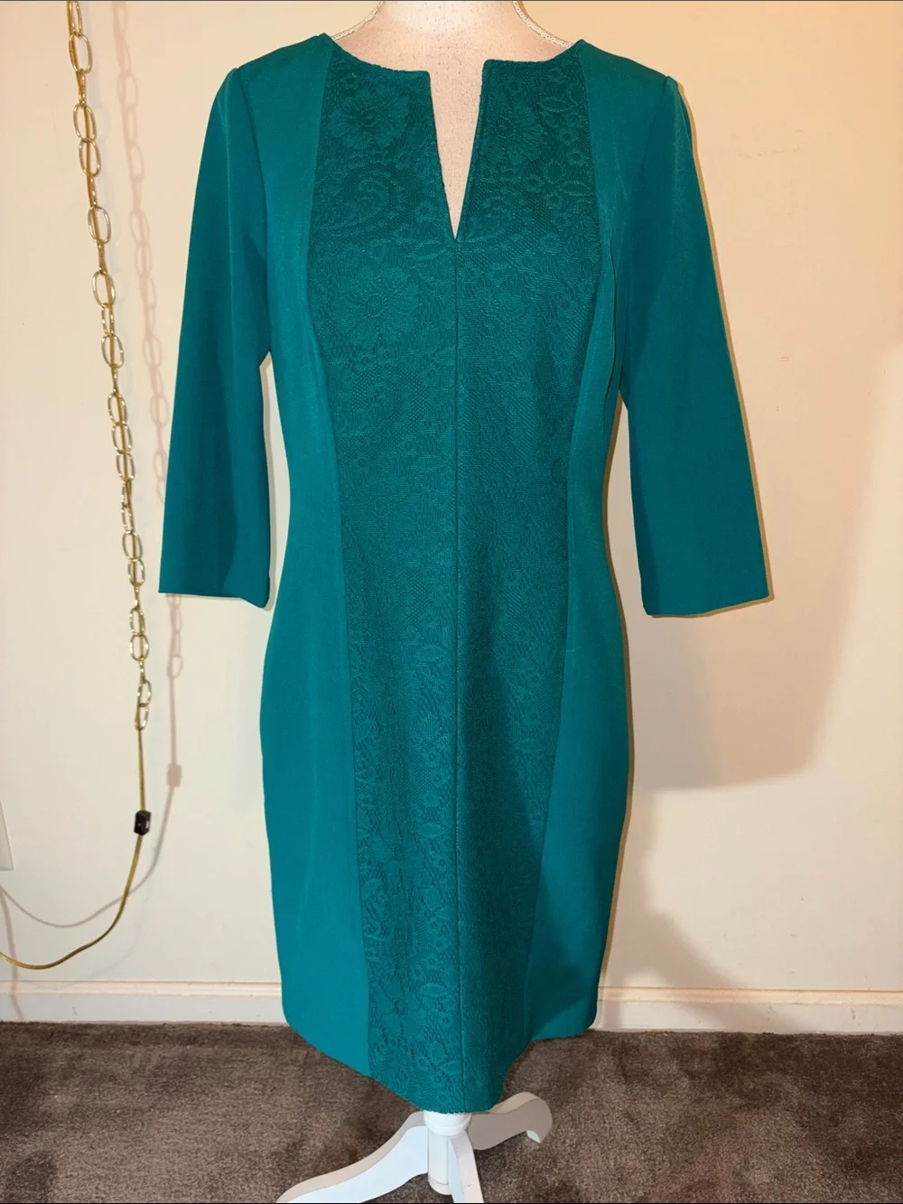 Adrianna Papell teal v neck lace floral 3/4 length sleeve sheath midi dress